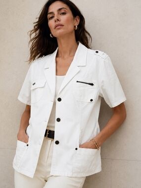 AE Sport White Utility Safari Jacket Size 16 Military Cargo Minimalist Chic